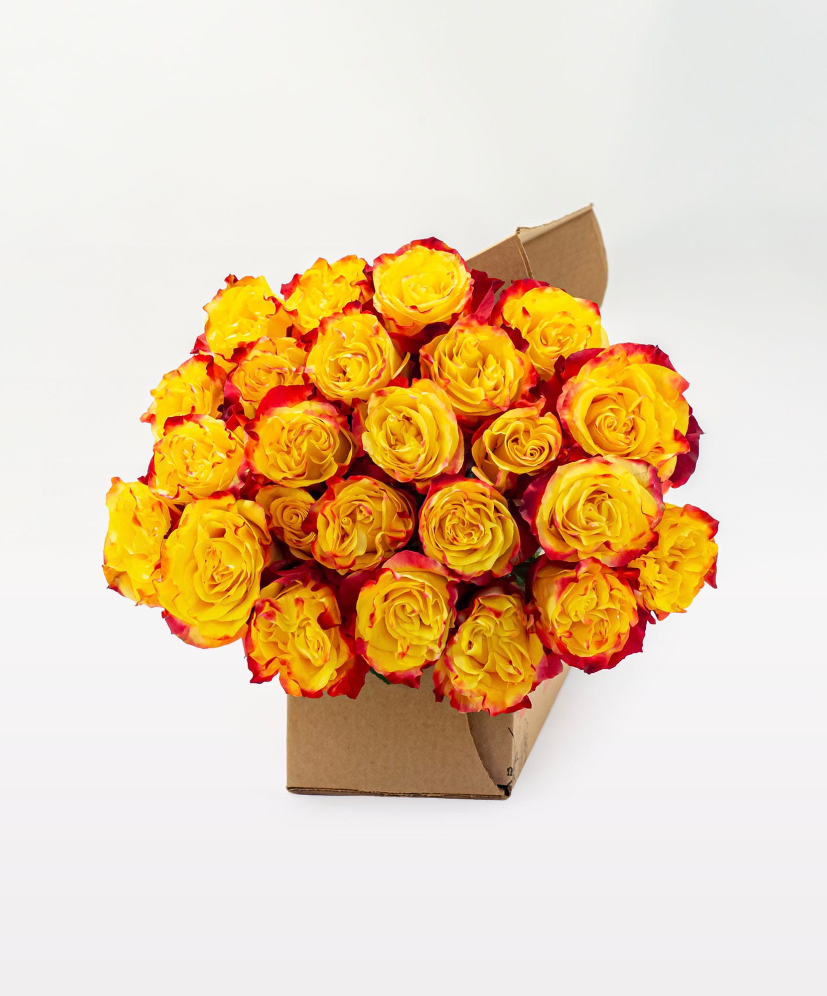 Vibrant yellow roses with red tips arranged in a stylish cardboard box, ideal for gifts.